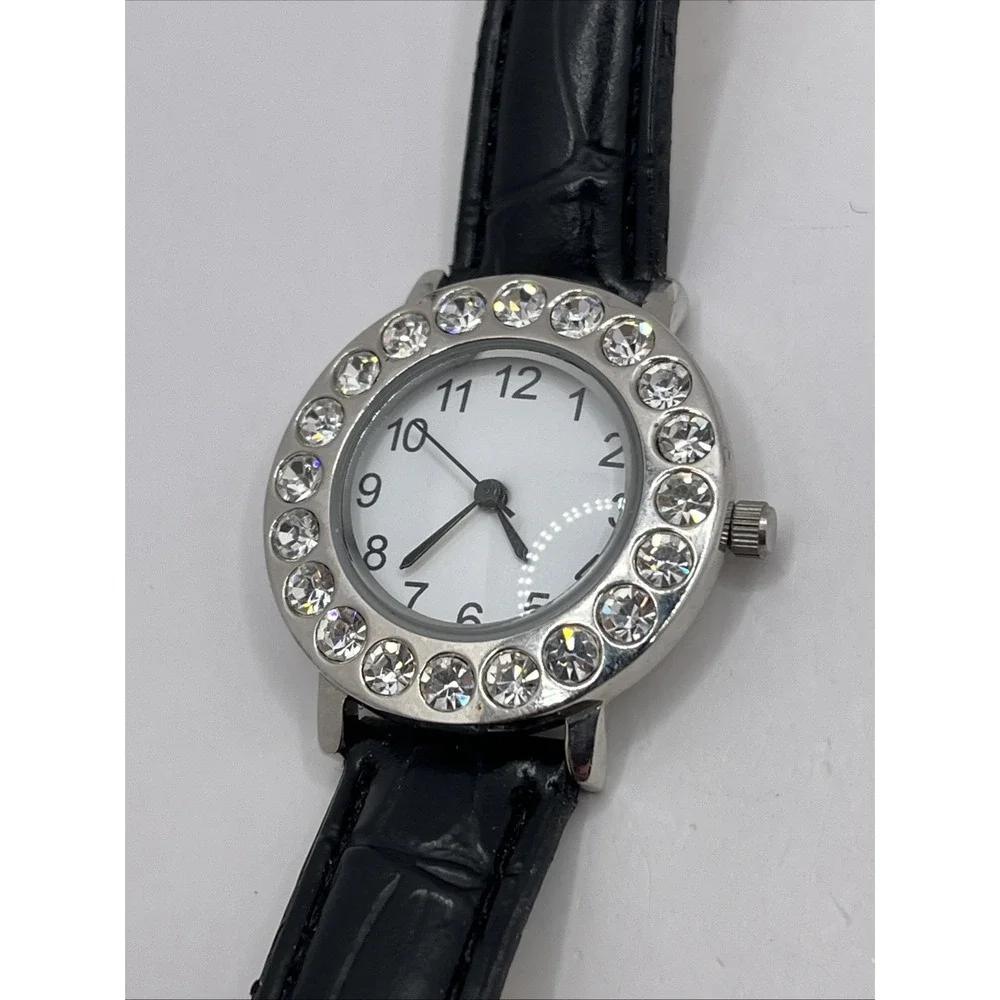 Avon Women's‎ Quartz Watch Rhinestone Bezel Black Band 30mm- New Battery